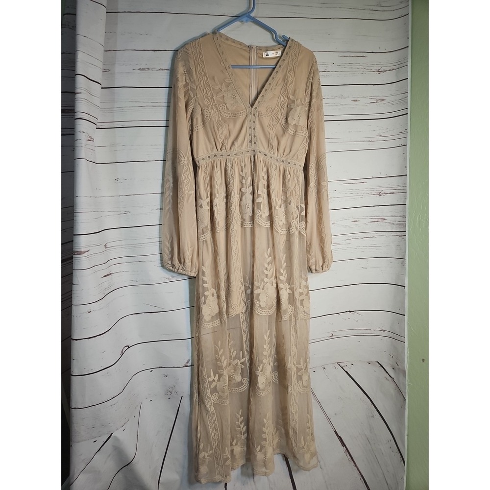 Elegant Maxi Dress Size 6 Long Sleeve Brown Lace Embroidery Detail